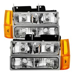 GMC C/K Series 1500/2500/3500 94-98, Chevy Suburban 94-98, GMC Yukon 94-99 ( Not Compatible With Seal Beam Headlight ) Xtune Headlights with Corner & Parking Lights 8pcs sets -Chrome